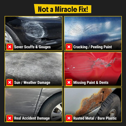Various car damages like scuffs, peeling paint, sun damage, and rust not fixable by Scratch Repair And Swirl Remover Kit For Cars And Trucks With Buffer Pad And Polishing Compound Eight Point Four Fluid Ounces Car Paint Restorer Waxing And Shine Kit Professional Grade Formula For Quick Results And A Slick Shine