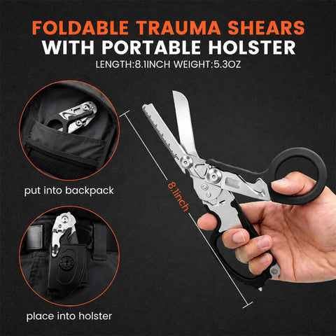 Six In One Folding Trauma Shears For EMTs And First Responders Pocket Size Rescue Scissors With Seatbelt Cutter Oxygen Wrench Window Breaker Tweezers And Ring Cutter Rustproof Stainless Steel Black, 8.1-inch with holster