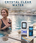 Keep Your Swim Spot Looking Sharp With This Digital 7 In 1 Water Test Kit Delivering Snap Results For Chlorine Bromine pH Alkalinity And Hardness While Covering All The Bases Smoothly Inside with a woman holding wine by a pool.