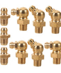 Top Tier 9 Piece Copper Grease Fitting Kit For Cars And Heavy Excavators With M8 Threaded Nipples Precision Engineered For Maximum Durability And Seamless Hydraulic Performance In Golden Finish Plus Caps Included. 9-piece M8 copper grease fittings with caps