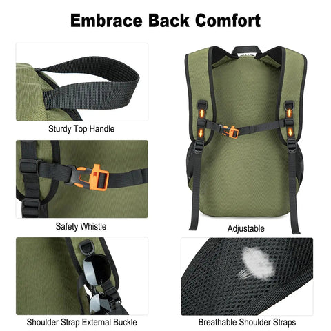 Back view of Lightweight 35L Foldable Hiking Backpack for Men and Women with ergonomic green straps, buckle, and breathable mesh