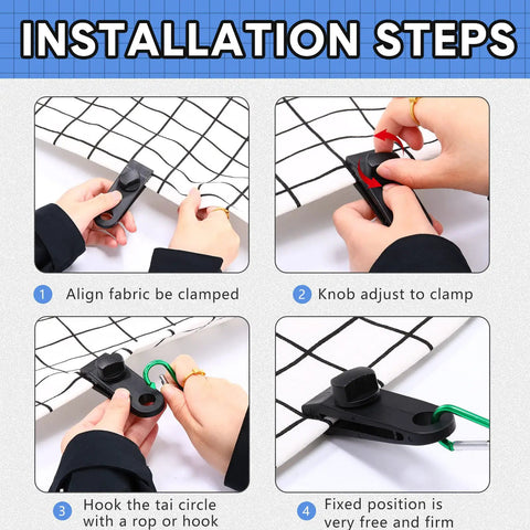 Installation steps for All In One Tarp Clip Set Built Tough With Heavy Duty Clips And Ball Bungee Cords 72 Piece Pack.