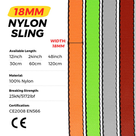 18mm nylon sling color options with length and strength details, heavy duty 18mm nylon climbing sling runner 23kN CE2008 EN566 rated