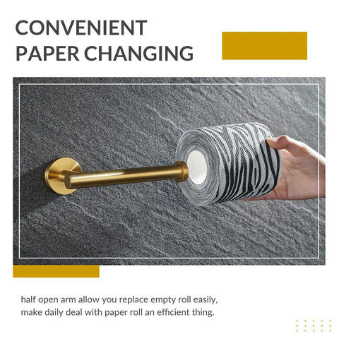 Brushed Dark Gold Stainless Steel Toilet Paper Holder With Round Arm Design in use, mounted on a wall with a roll of toilet paper