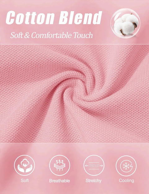 Close-up of light pink cotton blend fabric showcasing texture and breathability for Light Pink Women Polo Shirt With Short Sleeve.