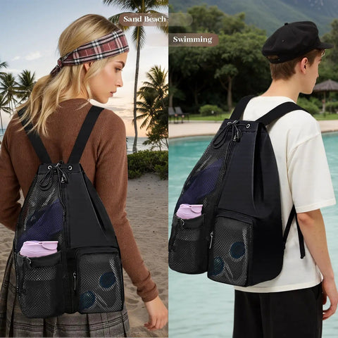 Must Have Beach Backpack With Wet Pocket And Waterproof Zipper Drawstring Mesh Bag With Large Capacity Worn by Man and Woman