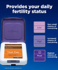 Fertility Monitor With Touch Screen For Ovulation Tracking And Fertile Day Detection Tracks Estrogen And LH Surges Helps Boost Your Baby Odds With Near One Hundred Percent Accuracy Test Sticks Sold Separately, white and purple unit showing daily fertility status