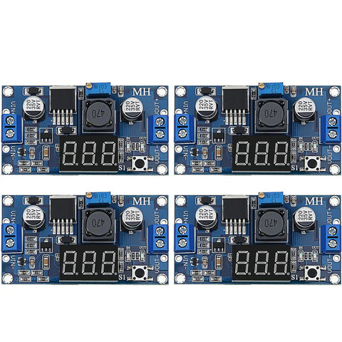 Four Adjustable DC-DC Buck Converter Power Modules with Digital Voltmeter Display, 4V-40V to 1.25V-37V, 2A continuous, 3A peak