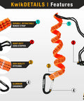 Image of a durable, retractable bungee strap with heavy-duty cord stopper and aluminum carabiner, highlighting key features of KwikSafety product.