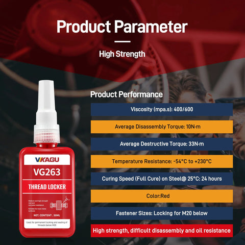 red high-strength threadlocker for M25 bolts with product specifications and temperature resistance details