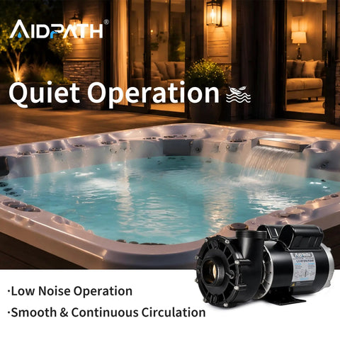 Top Shelf 1.5 Horsepower Hot Tub Spa Pump with Nema 48 frame motor next to quiet spa with smooth water surface.