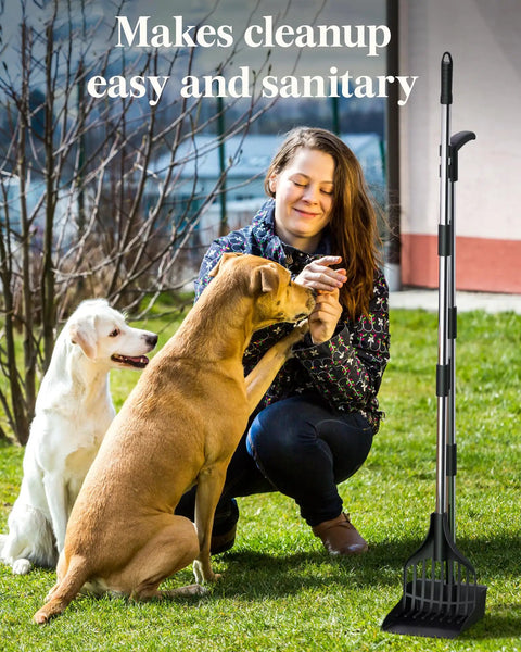 Long Reach Dog Pooper Scooper With Rake And Tray No Bending Cleanup For Medium And Small Dogs visible beside woman with dogs on lawn