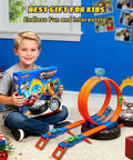 Child holding Transformable Tire Race Track Set For Kids 3 To 8 With Portable Handle Double Track Course 360 Degree Loops Two Racing Cars
