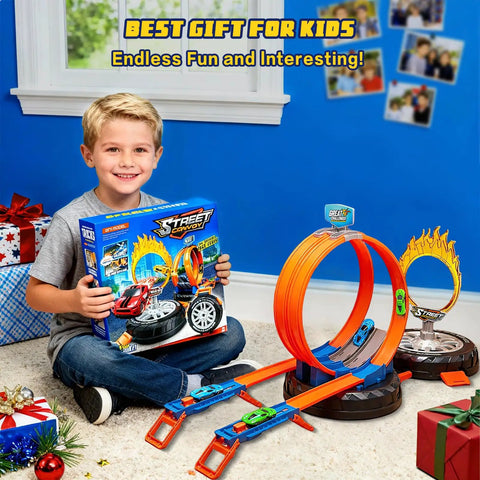 Child holding Transformable Tire Race Track Set For Kids 3 To 8 With Portable Handle Double Track Course 360 Degree Loops Two Racing Cars