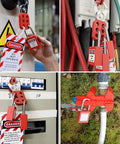 Four applications of Three In One Lockout Tagout Kit For OSHA Safety Compliance With Clamp On Circuit Breaker Locks Hasps Tags Cable Ties