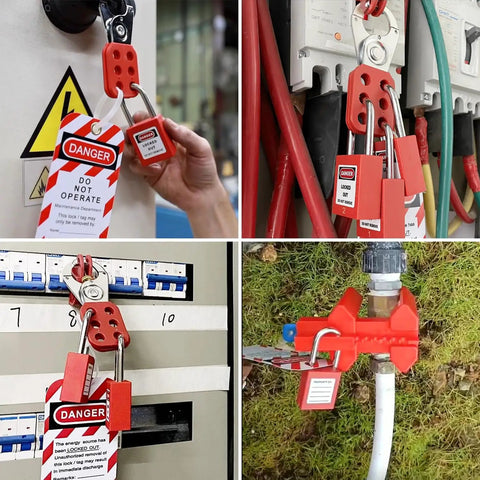 Four applications of Three In One Lockout Tagout Kit For OSHA Safety Compliance With Clamp On Circuit Breaker Locks Hasps Tags Cable Ties