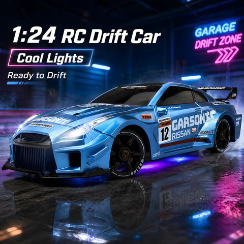 1:24 RC Drift Car With LED Lights 2.4GHz Remote Control Thrilling Speed Up To 23 Kilometers Per Hour Adjustable Pace Four Wheel Drive Offroad Drifter Realistic Sounds Epic Gift For Boys And Girls Aged Six Plus Blue Finish