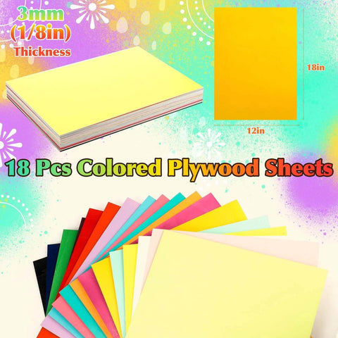 Geelin 18 pcs colored plywood sheets, 18 x 12 in, 1/8 in thick (3 mm), craft wood for laser cutting and DIY