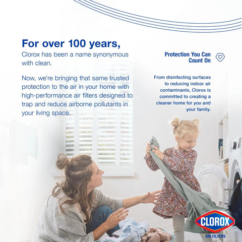 Mother and daughter doing laundry next to Clorox air filter, promoting indoor air quality and cleanliness in home.