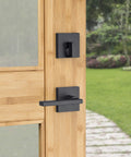 Vancouver Handleset With Halifax Matte Black Exterior Front Door Lockset With Deadbolt And SmartKey Security on wood door