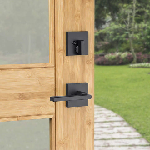 Vancouver Handleset With Halifax Matte Black Exterior Front Door Lockset With Deadbolt And SmartKey Security on wood door