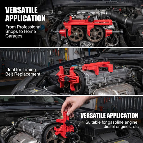 9 Piece Universal Engine Camshaft Clamp Locking Tool Kit For Dual Overhead Cam Motors on engine, highlighting tough nylon clamps and versatility.