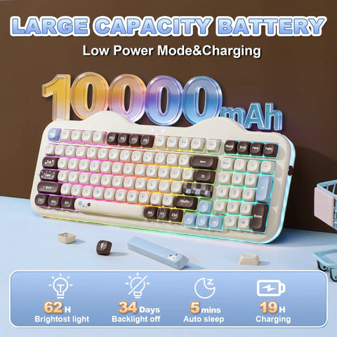 Wireless 98 Key Mechanical Keyboard Offering A Super Cute Cake Inspired Design With Dedicated Numpad Choco Candy Switches Compact Form Factor showing large battery capacity features.