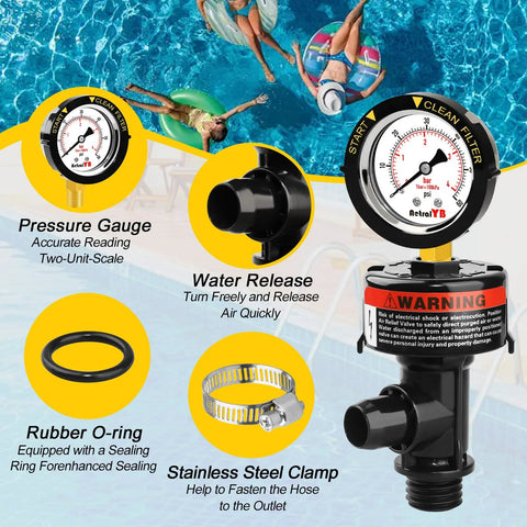 AetralYB manual pool filter air-relief valve with waterproof stainless steel pressure gauge for pool and spa filters
