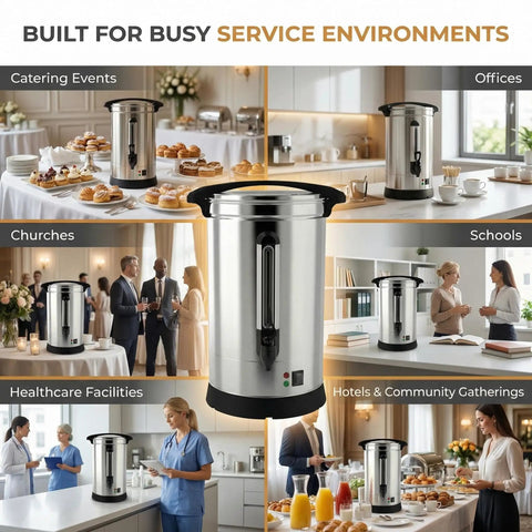 Heavy Duty 120 Cup Coffee Urn With 18 Liter Stainless Steel Construction Electric Hot Beverage Dispenser Auto Keep Warm Hot Water And Coffee Service For Catering Offices Parties Churches And Large Events displayed in various service settings.