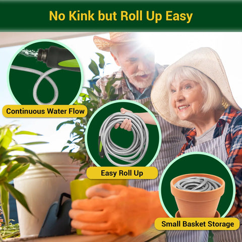 Heavy Duty Metal Garden Hose 50 Ft With Swivel Handle And 8 Function Nozzle Flexible No Kink 304 Stainless Steel Construction For Outdoor Yard And Garden Use Weatherproof Durable Interlocked Steel Design For All Weather Use, coiled in small basket