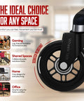 Smooth As Butter Three Inch Rollerblade Casters For Office And Gaming Chairs showing scratch resistant black wheels on a chair.