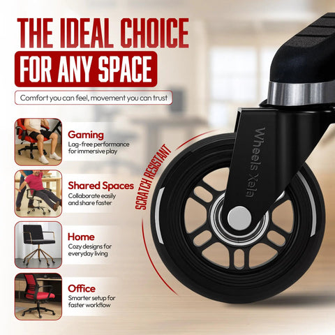 Smooth As Butter Three Inch Rollerblade Casters For Office And Gaming Chairs showing scratch resistant black wheels on a chair.