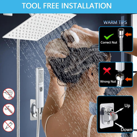Woman using Dual Shower Heads With Handheld Spray Combo, 6 Inch Square Rain Shower Head, 78 Inch Stainless Steel Hose.