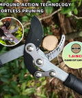 Close-up of Three Piece Yard Tools Set With Loppers Hedge Clippers And Pruners For Easy No Fuss Tree Trimming cutting a branch.