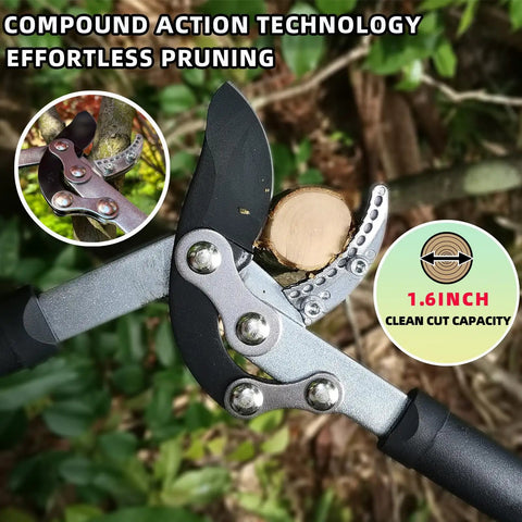 Close-up of Three Piece Yard Tools Set With Loppers Hedge Clippers And Pruners For Easy No Fuss Tree Trimming cutting a branch.