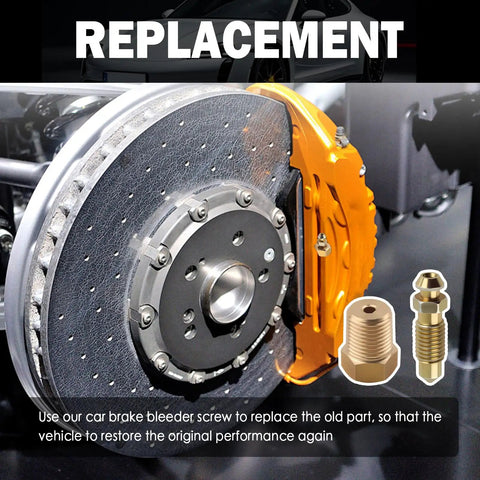 Heavy Duty Four Piece Brake Bleeder Screw Kit With NPT Copper Bases To Pump Back That Pedal Feel And Restore Snappy Stopping Power For Slick Daily Driving Repairs, showcasing brake rotor and caliper with screws.