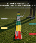 Putting Stroke Meter 2.0 Golf Training Aid For Stroke Length, Speed, And Distance Control Indoor Outdoor Practice Tool With Color Coded Guides To Lock In Your Stroke And Cut Three Putts, Perfect For Home Or Range. Color-coded putting mat on grass with 5, 10, 20, and 30 foot guides