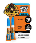 Clear Fast Setting Super Glue Two 3 Gram Tubes Adhesive Pack Of 1 With Anti Clog Cap And Impact Tough Formula Bonds Plastic And More In 10 To 45 Seconds No Clamp Needed. Gorilla branded packaging with two super glue tubes.