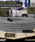 Kink Free Hybrid Air Compressor Hose Three Eighth By Fifty Foot Dual Quarter Inch Male Npt Top Shelf Cold Weather Flex with rubberized bend restrictors.