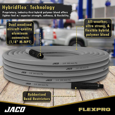 Kink Free Hybrid Air Compressor Hose Three Eighth By Fifty Foot Dual Quarter Inch Male Npt Top Shelf Cold Weather Flex with rubberized bend restrictors.