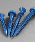 Close-up view of 1/4 By 3 1/4 Inch Concrete Screws With Diamond Tail For Fast Drilling, showing blue hex head design on grey background.