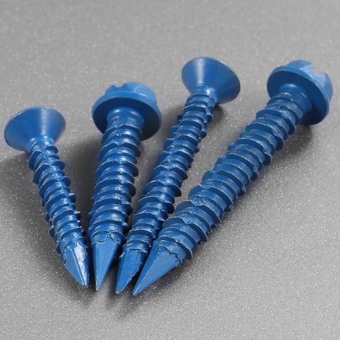Close-up view of 1/4 By 3 1/4 Inch Concrete Screws With Diamond Tail For Fast Drilling, showing blue hex head design on grey background.
