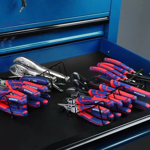 20 Piece Pliers Set With Dual Organizer Racks For Home Garage And DIY Projects Including Slip Joint Pliers Channel Locks And Vise Grip Pliers A Handy Heavy Duty Tool Kit For Mechanics And Weekend Handymen displayed in a toolbox drawer