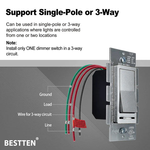 Matte Silver Dimmer Switch Kit, 10 Pack, Single Pole Or 3 Way, Dimmable LED CFL Incandescent And Halogen Ready with wiring diagram