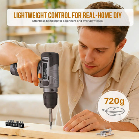 Man using 8V USB Rechargeable Cordless Drill Set And Home Tool Kit, Lightweight Power Drill Driver for DIY repairs