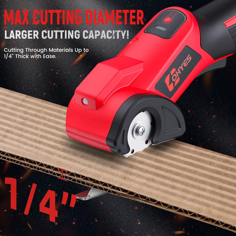 Heavy Duty Cordless Electric Scissor Cutter Compatible With Milwaukee 18v Batteries At 440 Rpm Fast Fabric Carpet And Plastic Cutting Tool Low Voltage Safety Switch Plus Included Replacement Blade Perfect For Pros cutting through 1/4" cardboard with precision.