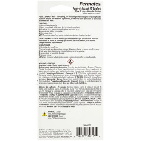 Permatex Form-A-Gasket #2 Sealant back label, Slow Drying Form A Gasket Sealant Non Hardening For Automotive And Aviation Uses Seals Cut Gaskets On Flexible Parts Resists Gasoline Oil And Grease With Easy Disassembly 1.5 Oz
