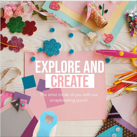 Craft table with Six Shapes 1 Inch Paper Punches For Crafting Scrapbooking And Card Making, surrounded by paper and craft materials.