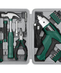 Straight Up 3.6V USB Rechargeable Electric Screwdriver Cordless Automatic Driver in tool kit with hammer, pliers, and bits.