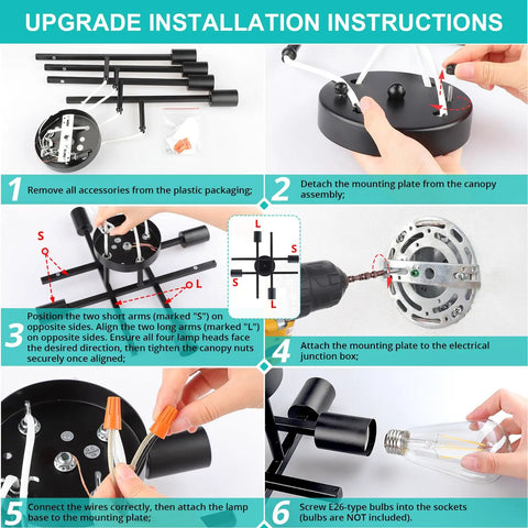 Installation guide for Industrial Four Light Semi Flush Mount Ceiling Light Fixture Matte Black Rustic Sputnik Chandelier.